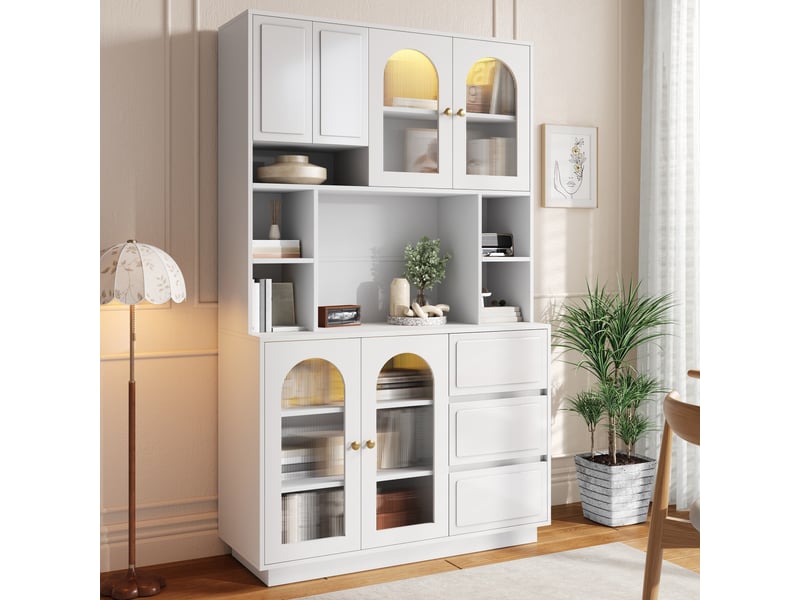  Buffet blanc mdf 106x30x175 cm, meuble rangement cuisine avec portes acrylique et étagères réglables  - Conforama W