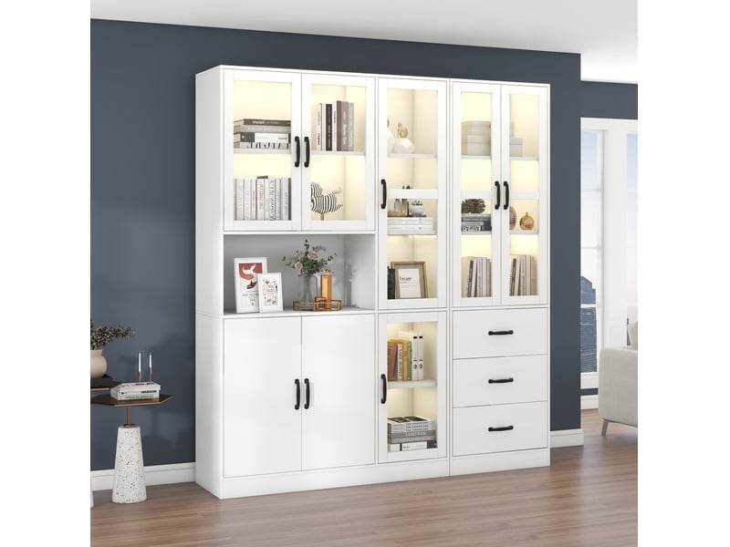 Vitrine led avec 8 portes et 3 tiroirs de rangement pour salon ou salle à manger, blanche, 180 × 40 × 200 cm - Conforama B