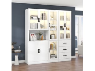 Vitrine led avec 8 portes et 3 tiroirs de rangement pour salon ou salle à manger, blanche, 180 × 40 × 200 cm