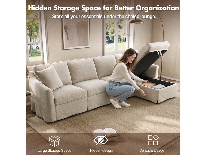  Canapé d'angle en l, 4 places, avec méridienne et coffre de rangement, housses amovibles/lavables coton-lin, beige, 274x128,5x83cm  - Conforama D
