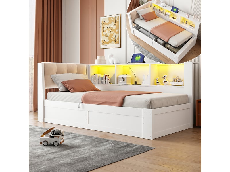  Lit de jour, canapé-lit, 90 x 200 cm, lit simple (sans matelas), suspension hydraulique, bande led à intensité variable, étagère pratique, port usb, pin, blanc  - Conforama B