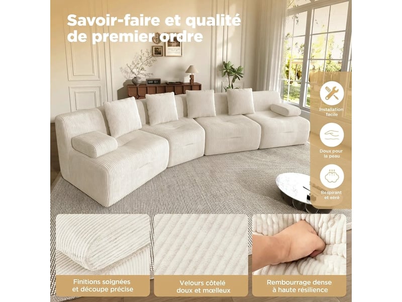  Canapé modulable 4 places en velours côtelé sans montage beige clair  - Conforama D
