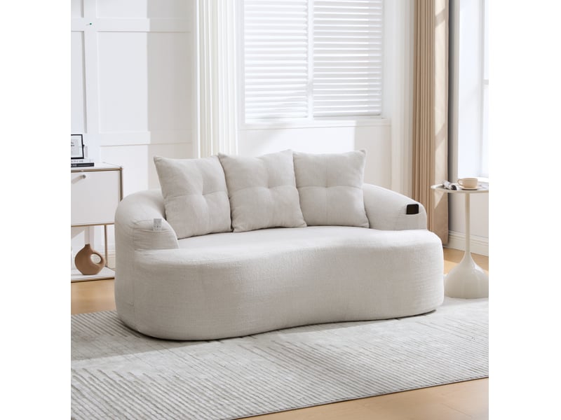  Canapé 2 places 164x92x60 cm beige en chenille, assise profonde avec 3 coussins décoratifs, style contemporain  - Conforama B