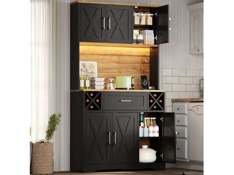  Buffet de cuisine 105x40x180 cm avec led et porte-bouteilles noir et bois naturel  - Conforama D