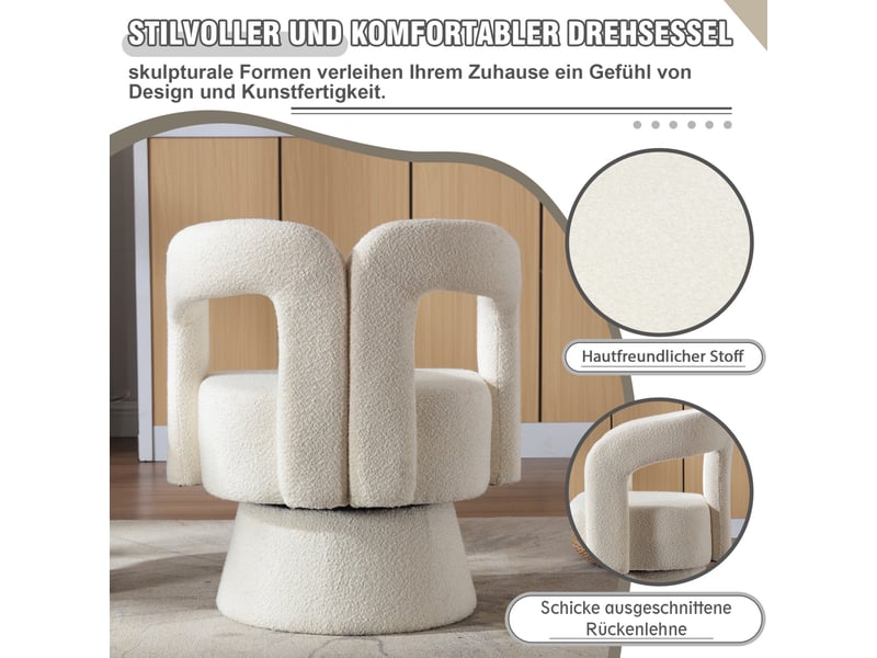  Fauteuil crapaud pivotant 360° 67x55x74cm – fauteuil tonneau lounge au design évidé avec socle en métal – tissu bouclé - blanc  - Conforama E