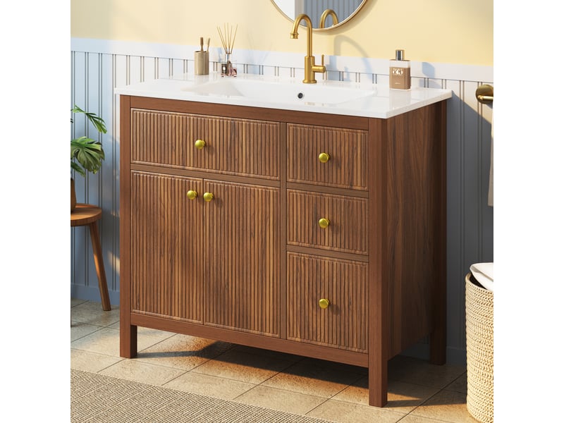 Meublede salle de bain 91 cm avec vasque céramique,91 x 48 x 88 cm,noyer,mdf et bois massif,texture ondulée,fermeture amortie - Conforama W