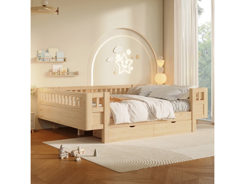  Lit enfant 140 x 200 cm avec barrières de sécurité hautes et 2 grands tiroirs, bois massif et mdf, blanc et effet bois naturel CozyNest - Conforama C