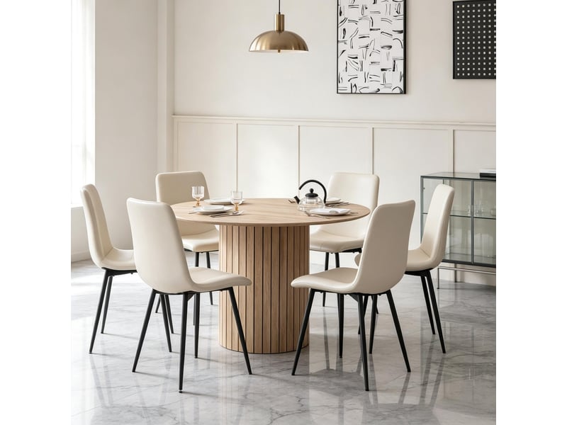 Table à manger ronde 120 cm en bois clair, pied cylindrique, 4 à 6 places - Conforama D