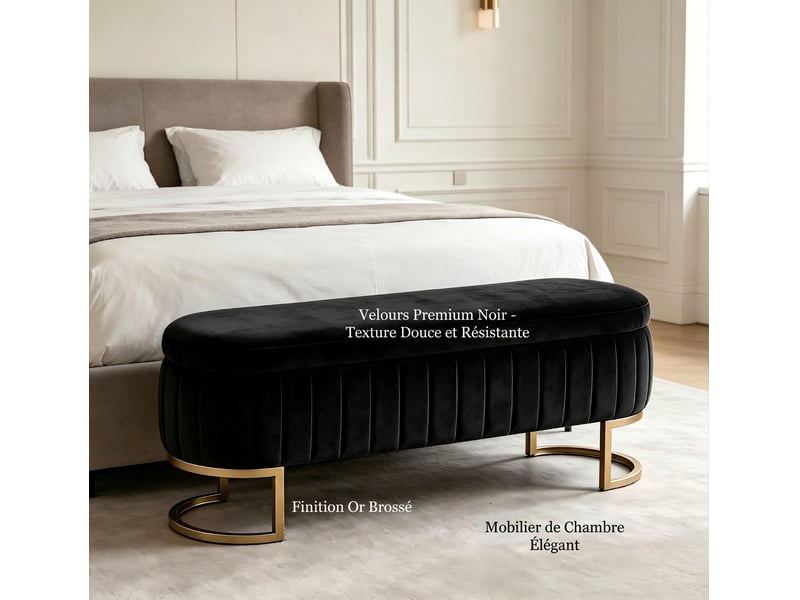  Banc de rangement noir 130 cm en velours avec coffre et pieds en métal doré  - Conforama B