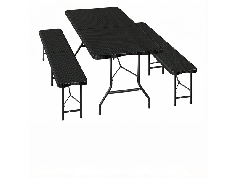  Salon de jardin pliant 180 x 74 x 70 cm noir en hdpe et métal, table et 2 bancs pour 8 à 10 personnes  - Conforama A