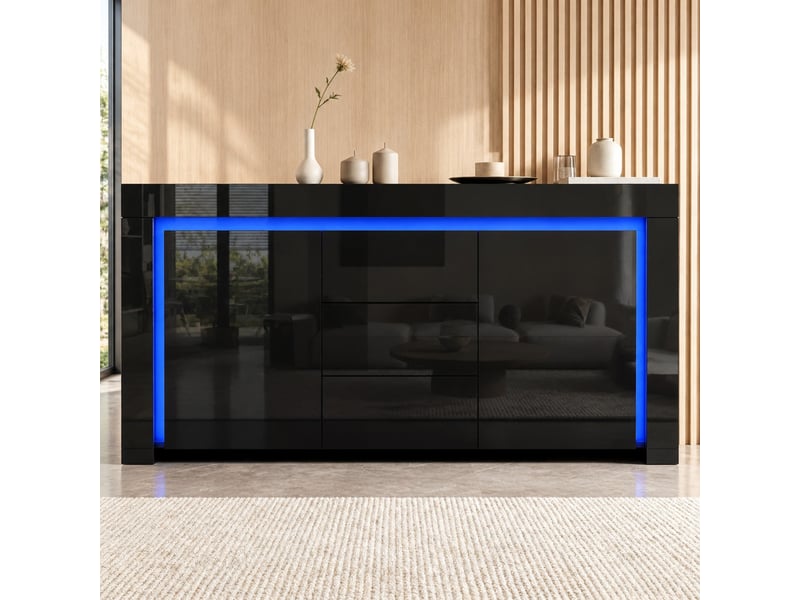  Buffet bas 140 x 40 x 65 cm noir, 2 portes, 3 tiroirs, led et étagères réglables  - Conforama B