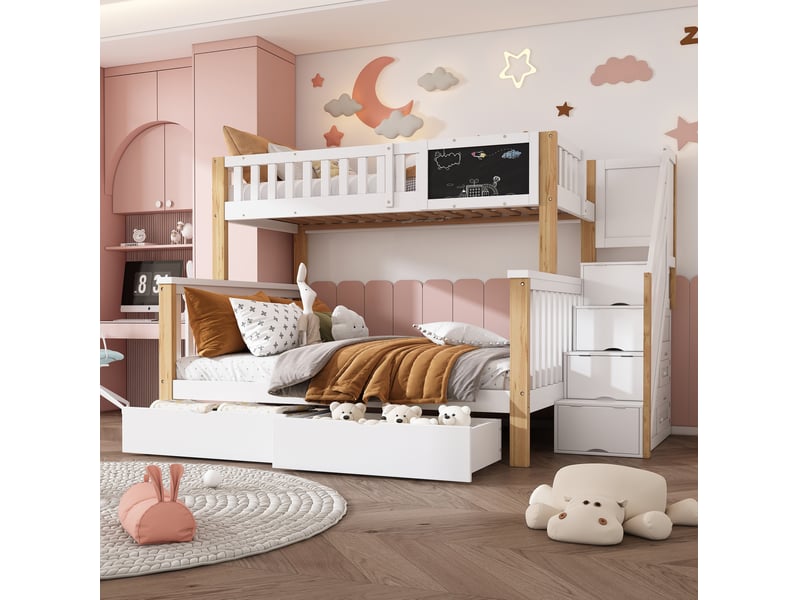  Lit superposé enfant 90x200140x200 cm, escalier, tableau, 2 tiroirs, bois et mdf, blanc et chêne clair, sans matelas  - Conforama B