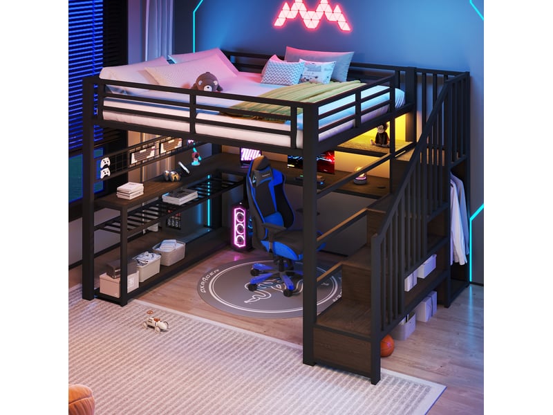 Lit mezzanine 140 × 200 cm avec bureau, armoire, rangements et led multicolores pour chambre 251 × 145 × 170 cm - Conforama E