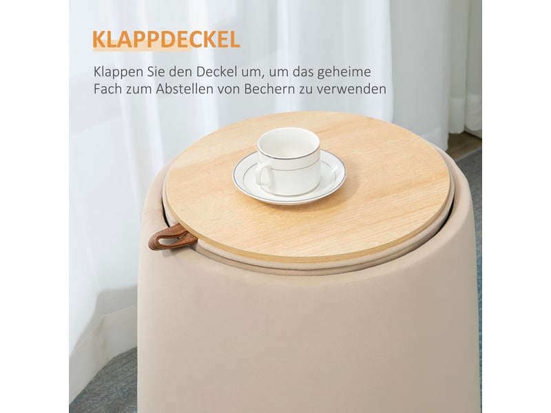  Tabouret rond ottoman avec espace de rangement aspect velours beige, couvercle amovible ø44cm x 47,5cm comme table d'appoint 838-270V00BG - Conforama D
