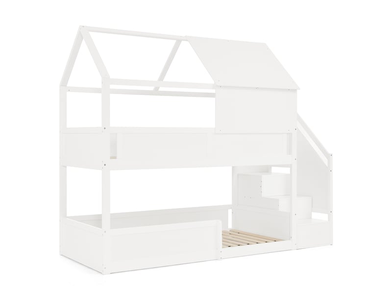  Lit superposé enfant 2 places, 2 couchages de 80 × 200 cm avec toit, escalier et barrières, sans matelas, bois blanc  - Conforama A