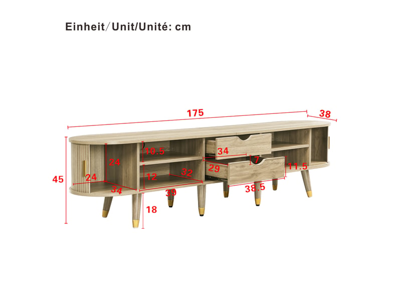  Meuble tv bas 175 x 38 x 45 cm avec portes coulissantes et rangement chêne  - Conforama C