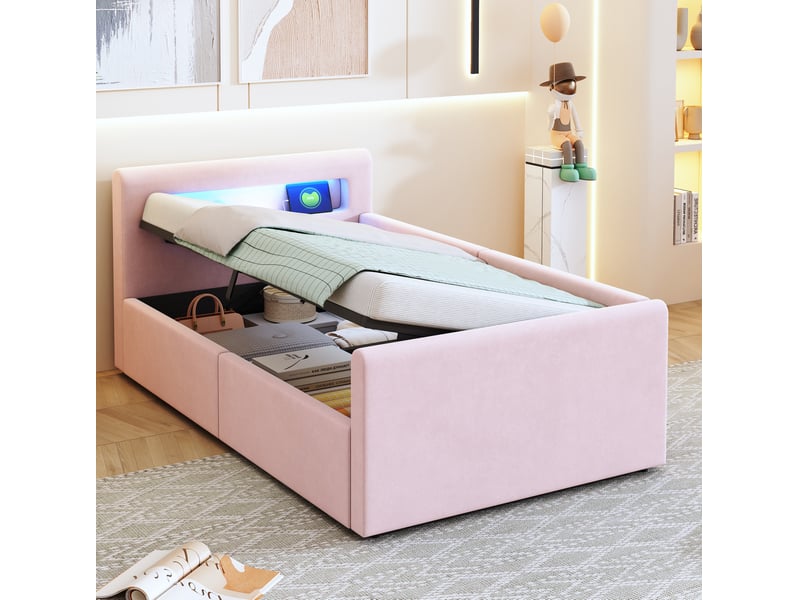 Lit enfant 90x200 cm avec rangement hydraulique, led et usb en velours rose - Conforama B