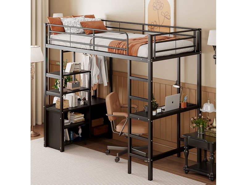 Lit mezzanine 90x200 cm avec bureau, rangements, prises usb et échelle, noir - Conforama E
