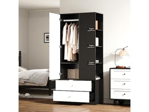 Armoire blanche et noire 1 porte avec miroir, penderie et rangement, 80x40x180 cm