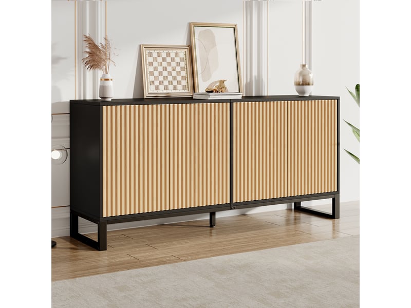  Buffet de salon - 160x40x75cm - 4 portes rainurées 3d étagères réglables meuble à chaussures en pb et mdf - noir et chêne  - Conforama D