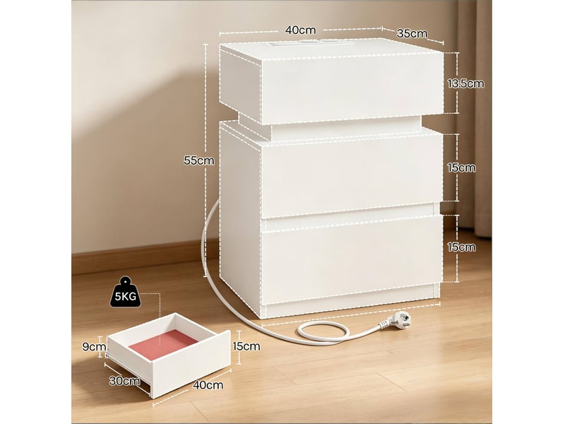 Tables de chevet tcqpz lot de 2 40 x 35 x 55 cm led réglable prises usb rangement bois blanc - Conforama C