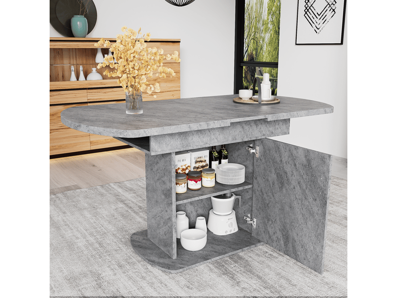 Table à manger ovale extensible 110130x70 cm avec rangement, gain de place, table de cuisine multifonction - effet béton - Conforama B