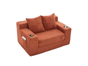 Canapé convertible 2 places avec coussins, porte-gobelet et poches latérales en velours côtelé orange