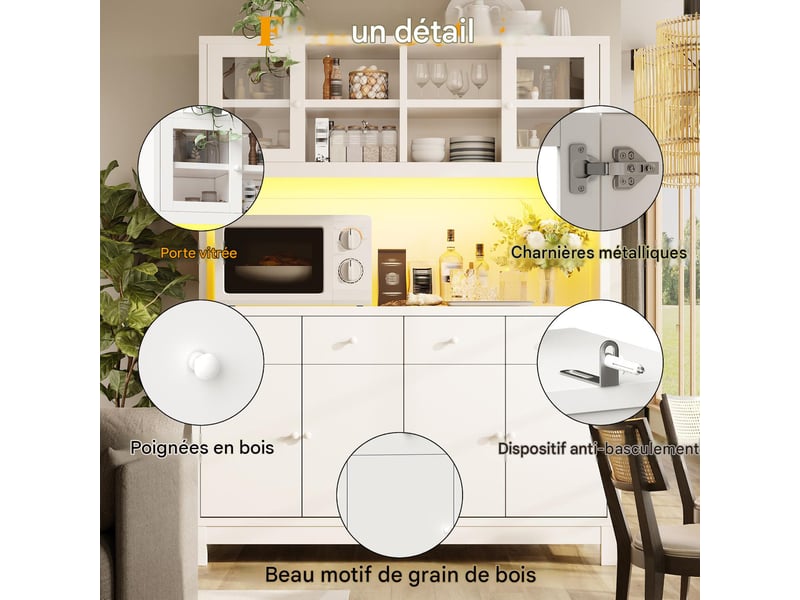  Buffet haut avec led rgb, portes vitrées et 4 tiroirs 140 x 38,5 x 180 cm  - Conforama D