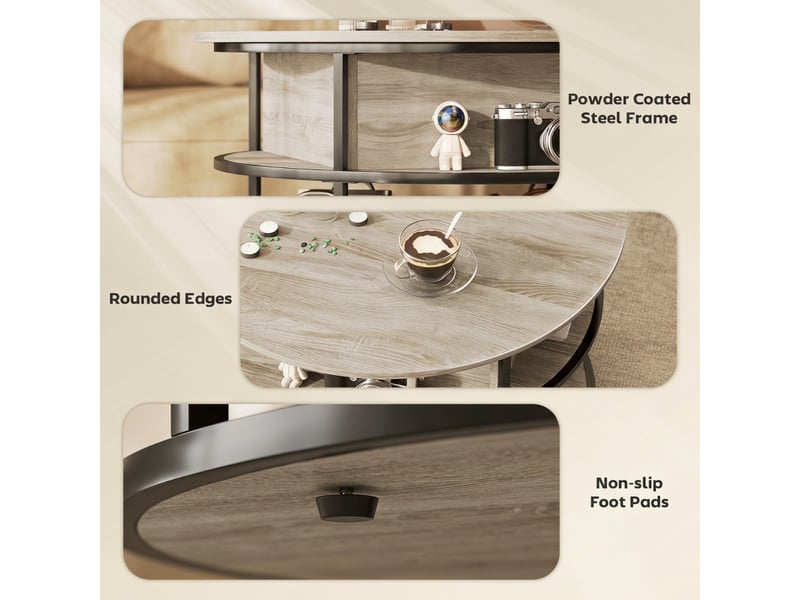 Table basse ronde avec plateau relevable, étagères latérales, espace de rangement, structure en acier, en chêne - Conforama W