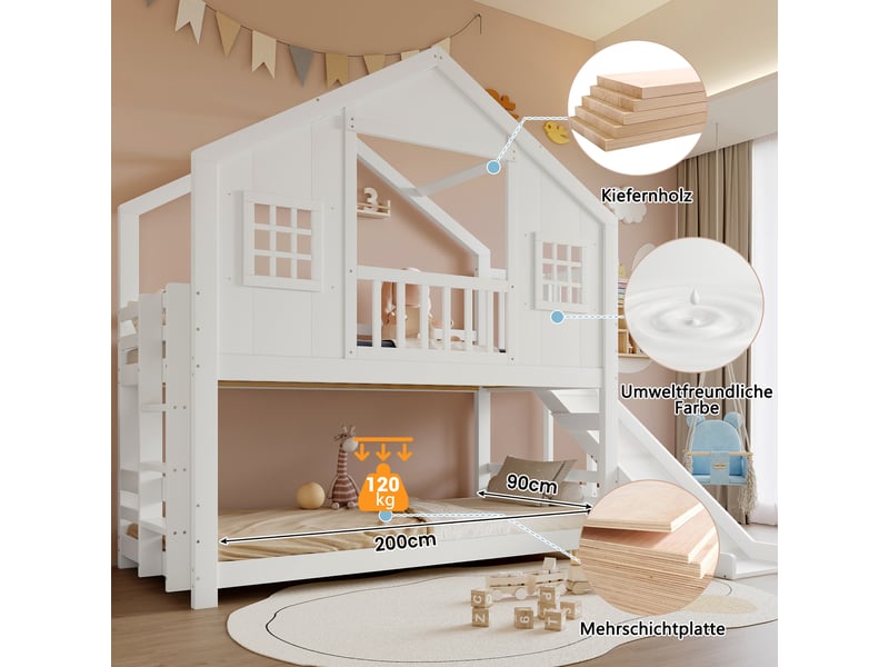 Lit superposé 90x200 cm avec escalier et garde corps lit enfant avec sommier à lattes en bois massif mdf blanc Bubbly - Conforama E