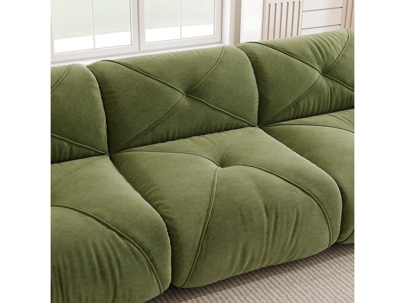  Canapé modulable 3 places en u, revêtement chenille vert, design sans dossier, inclut 2 poufs, idéal salon  - Conforama W