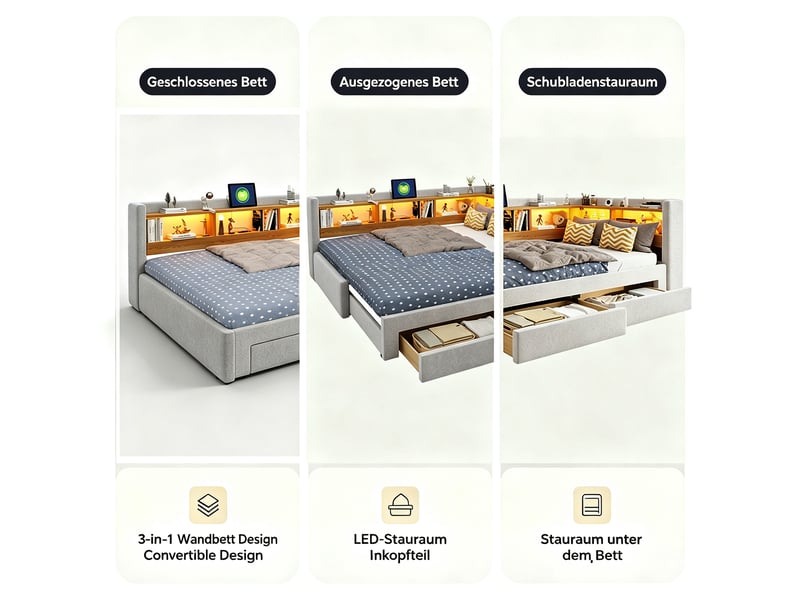  Canapé-lit rembourré 3-en-1, 90x200/180x200 cm,avec lit gigogne,tiroirs,led et prise,velours,gris–banquette-lit d'angle,sans matelas  - Conforama E
