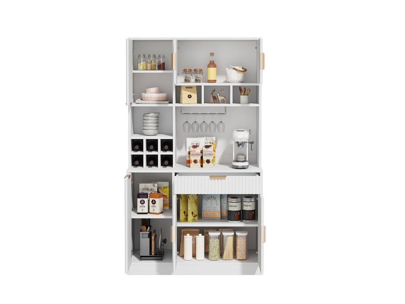 Buffet haut modenvie 100 x 40 x 175 cm avec rangements multiples, prise intégrée, usb-a et usb-c, casier à verres, range-bouteilles, blanc  - Conforama A