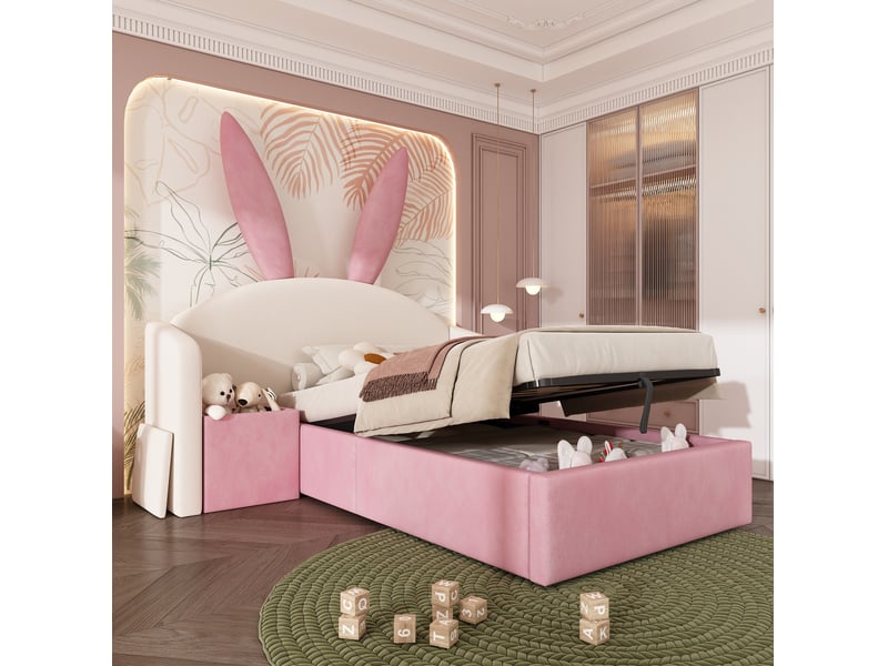  Modenvie lit enfant 90x200 cm - avec rangement hydraulique et table de chevet, sans matelas - beige et rose  - Conforama B