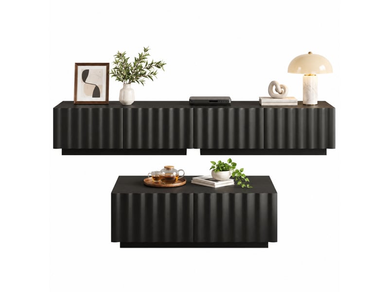  Ensemble salon moderne effet ondulé, meuble tv et table basse avec rangements pratiques  - Conforama A