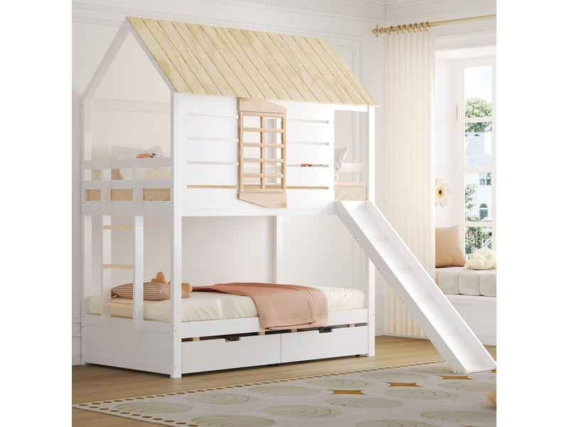  Modenvie lit superposé cabane 90x200 cm - avec toboggan, 2 tiroirs, fenêtre coeur - blanc et naturel  - Conforama E