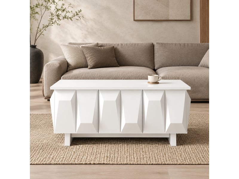  Table basse avec 3 portes et rangement, façade 3d, style moderne, en panneau de particules blanc, 95 × 67 × 39,5 cm  - Conforama C