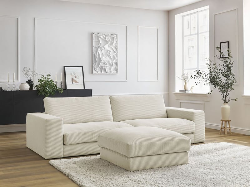  Bobochic canapé droit fixe 3 places leonard velours côtelé avec pouf beige LEONARD - Conforama C