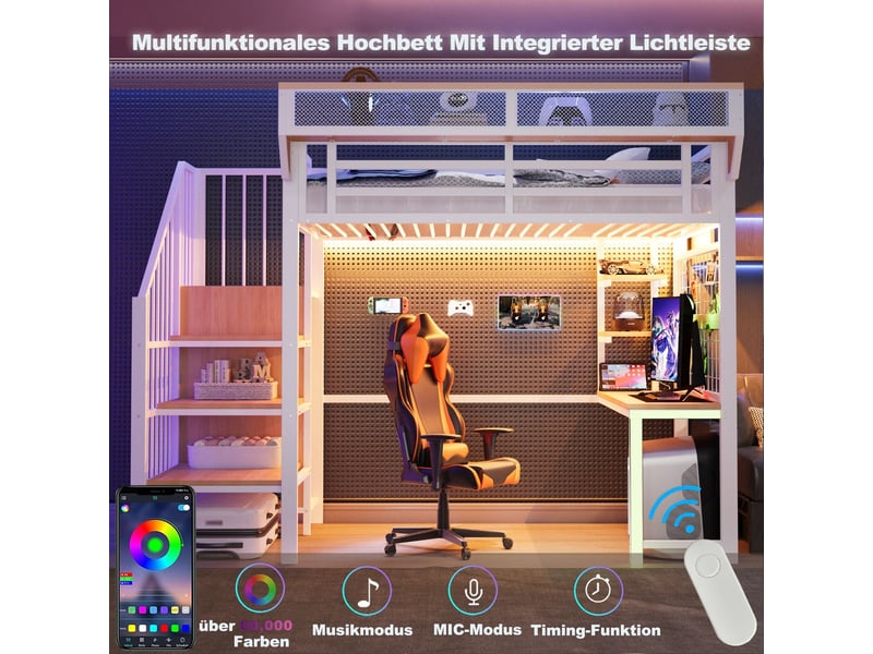  Lit mezzanine avec bureau 90 x 200 cm bureau intégré étagère intégrée filet de rangement échelle de sécurité éclairage led prise électrique structure métal blanc lit simple  - Conforama D