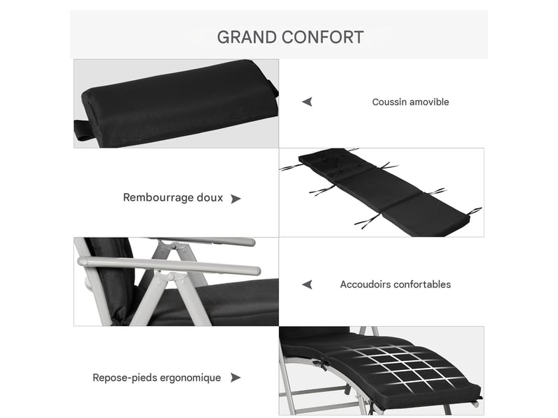  Bain de soleil pliable dossier réglable textilène noir 137 x 63.5 x 100.5 cm  - Conforama E