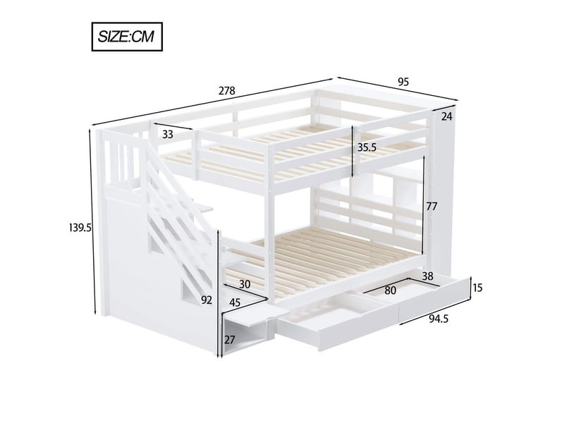  Lit superposé enfant 90x200 cm – blanc – escalier sécurisé, tiroirs et rangement - sans matelas  - Conforama C