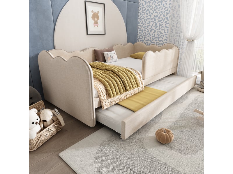 Lit gigogne 90x190 cm, lit enfant avec banquette et tiroir couchage intégré, sommier à lattes, rembourrage tissu lin, beige - Conforama D