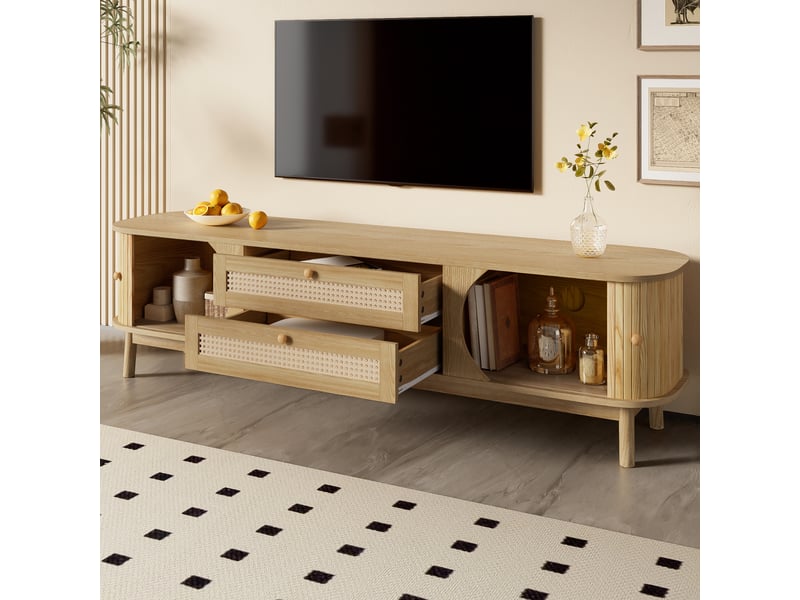  Meuble tv, bois naturel, 2 tiroirs, portes coulissantes, style champêtre, design moderne et élégant pour salon  - Conforama D