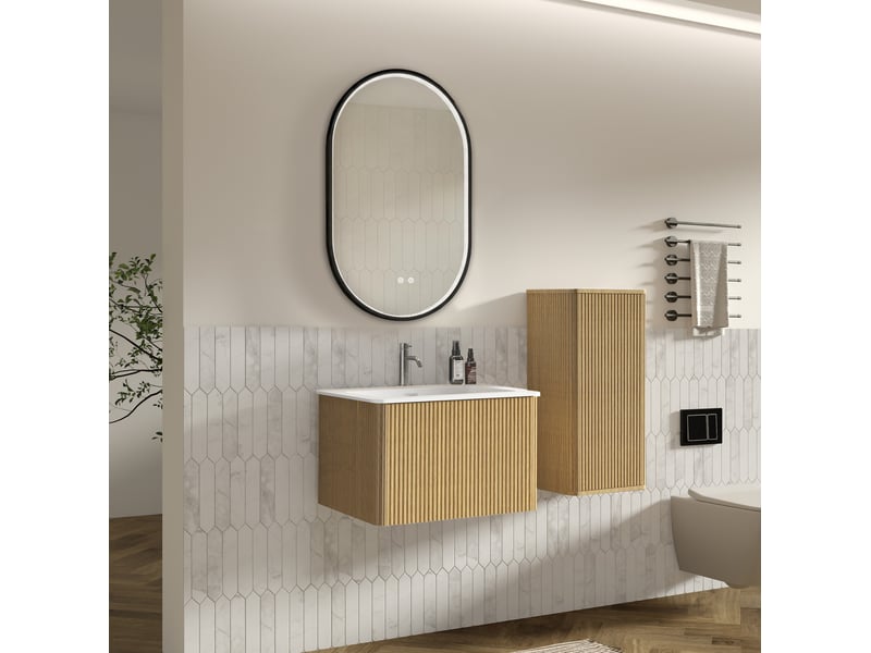  Meuble sous vasque avec lavabo, colonne et miroir led réglable, rangements pour salle de bain, finition chêne 60 cm  - Conforama E