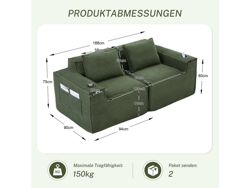  Canapé modulaire 2 places 188x90x75 cm avec porte-gobelets, poches latérales, assise ferme, cordon vert  - Conforama C