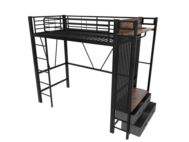 Lit mezzanine noir 90x200 cm avec 4 tiroirs, étagères, led, usb et type-c - Conforama E