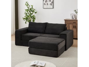 Canapé convertible modulable 194x169,5x74 cm noir en corduroy, 2 places avec méridienne amovible