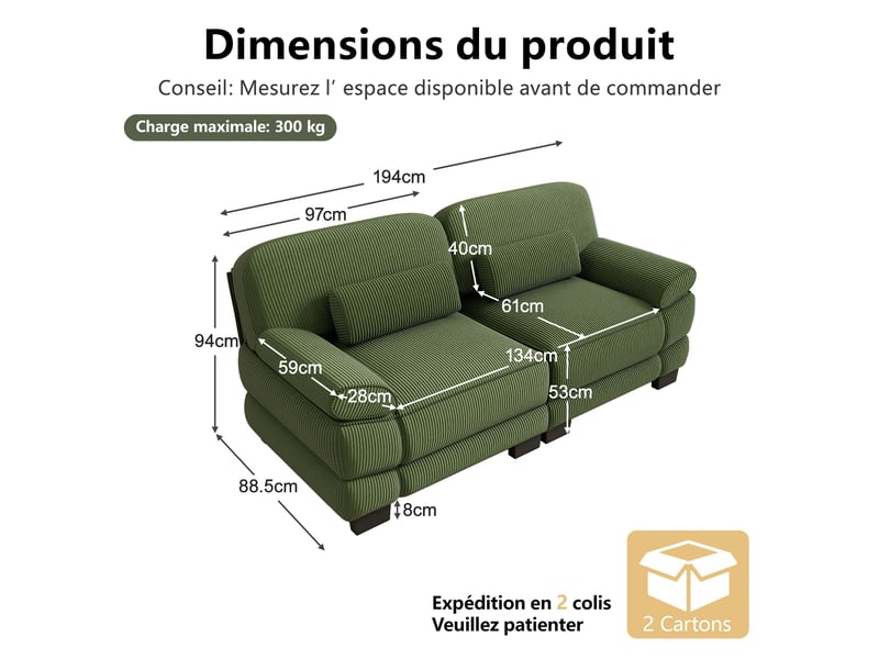  Canapé droit modulable 194 cm 2 places, design carré épuré, base et accoudoirs à matelassage en canaux, coussin lombaire, velours côtelé, vert  - Conforama D