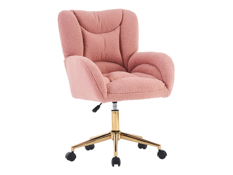 Chaise de bureau pivotante réglable avec roulettes 360° et base métallique, en tissu teddy, rose - Conforama A