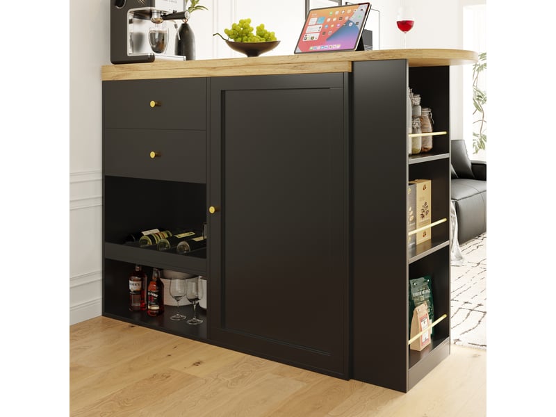  Table de bar pivotante îlot de cuisine noir en mdf avec 2 tiroirs et étagères à 3 niveaux, meuble modulable pour salle à manger  - Conforama R